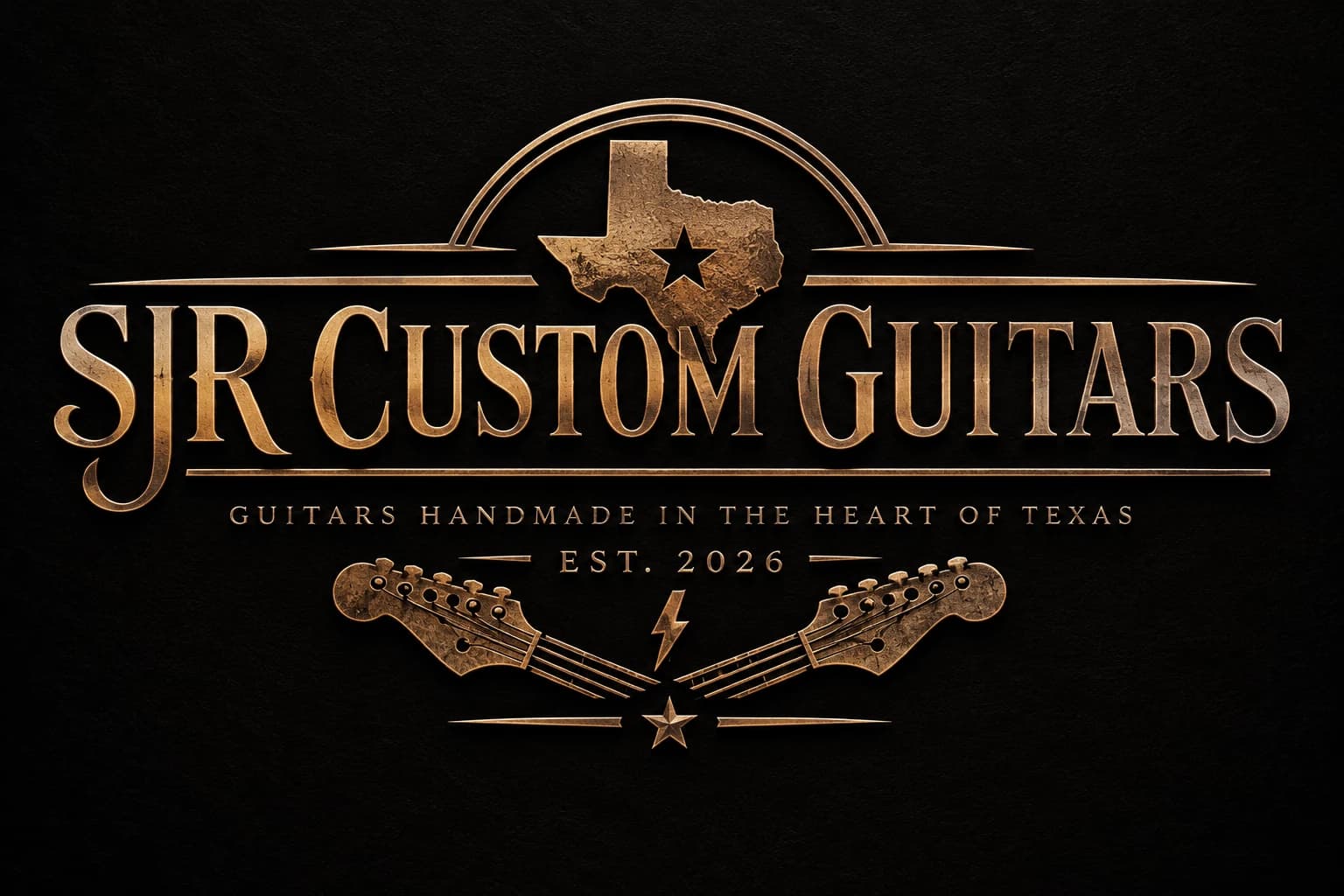 SJR Custom Guitars crest featuring Texas and two guitar headstocks, marked EST. 2026