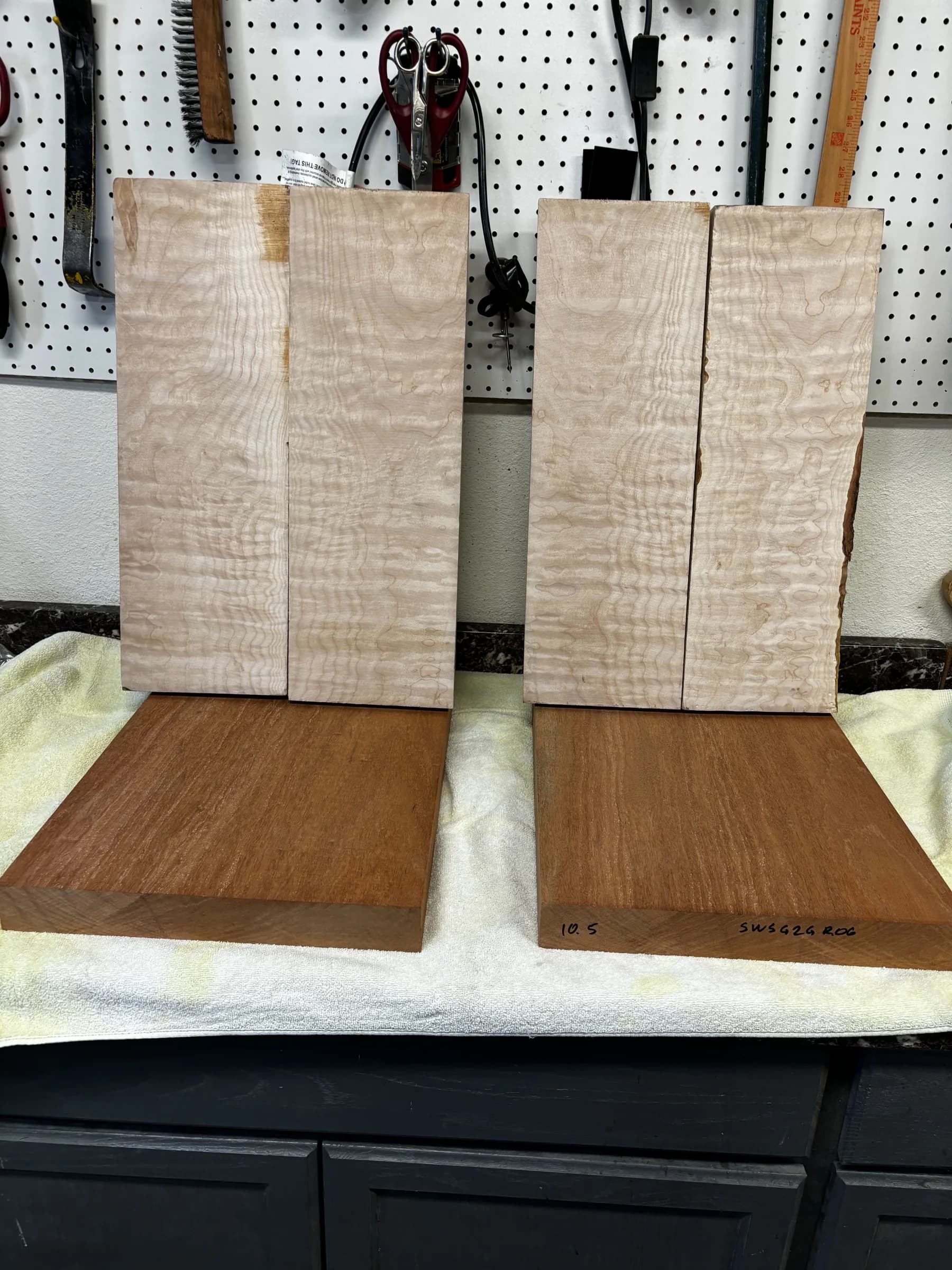 Figured wood sets arranged in the SJR workshop