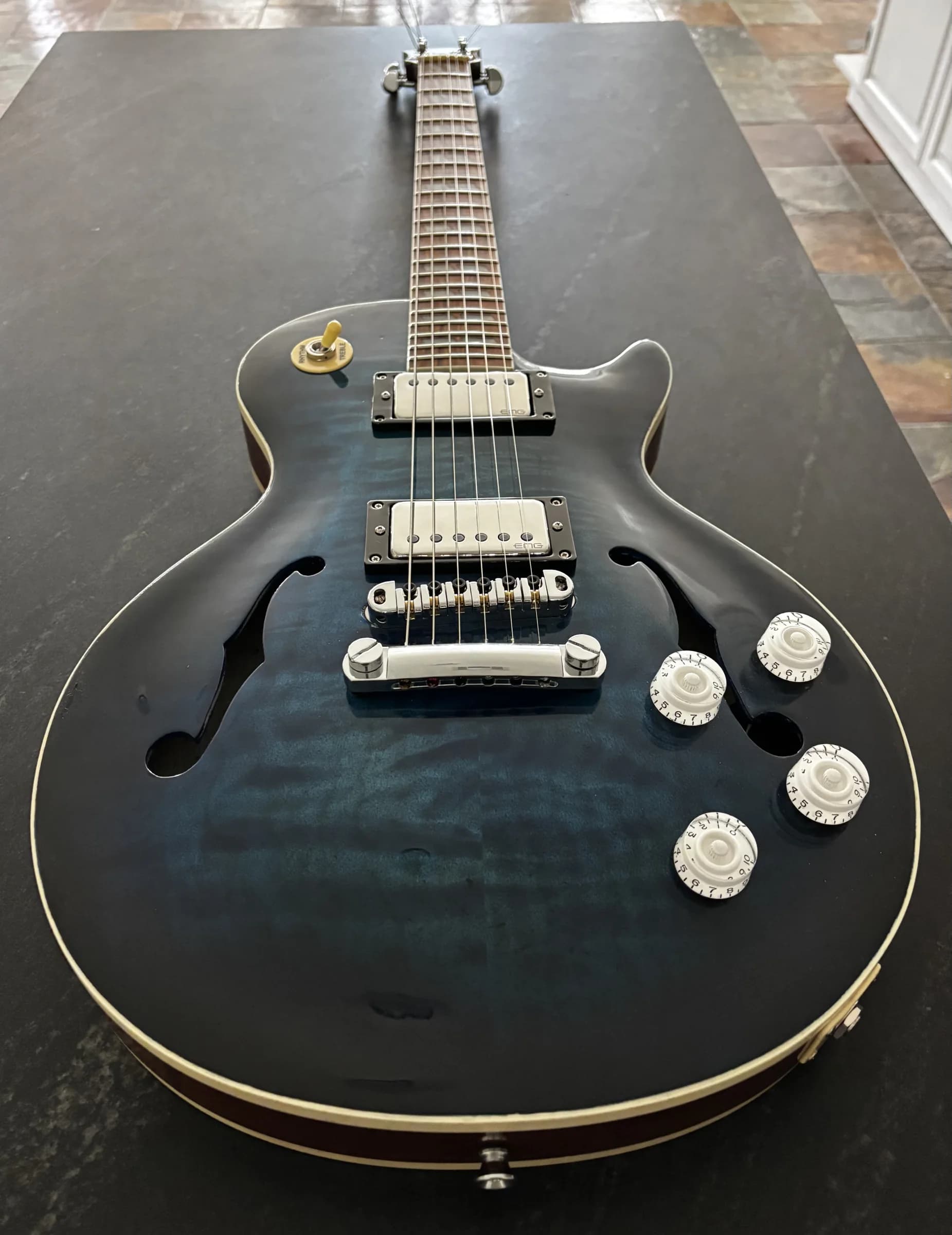 Blue semi-hollow SJR-SRP viewed from a low angle