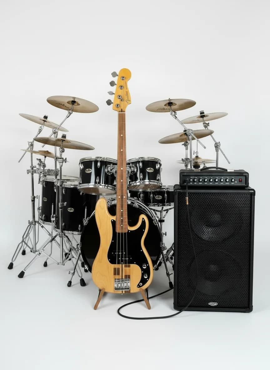 Natural SJR bass staged with a drum kit and amplifier