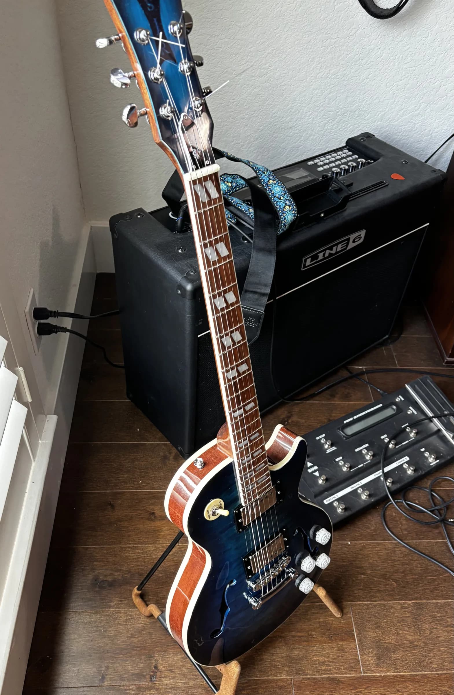 Completed blue semi-hollow SJR guitar