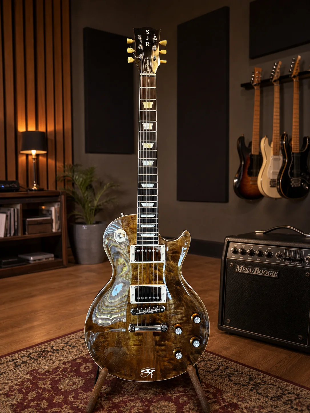 Brown figured SJR guitar standing in a warm studio setting